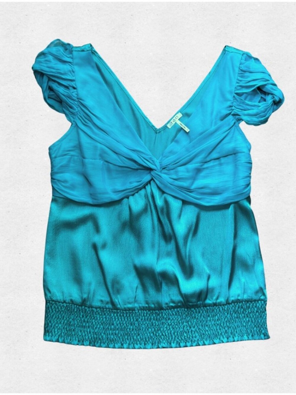 Y2K Teal Satin Twist Front Blouse Large Cap Sleeve Smocked Waist McBling Vintage